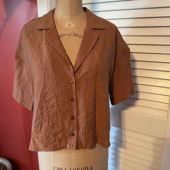 ZARA | brown short sleeve button up crop top XS - Picture 1 of 5